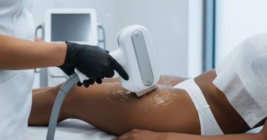 epilation laser definitive entre jambes femme peau noire en institut