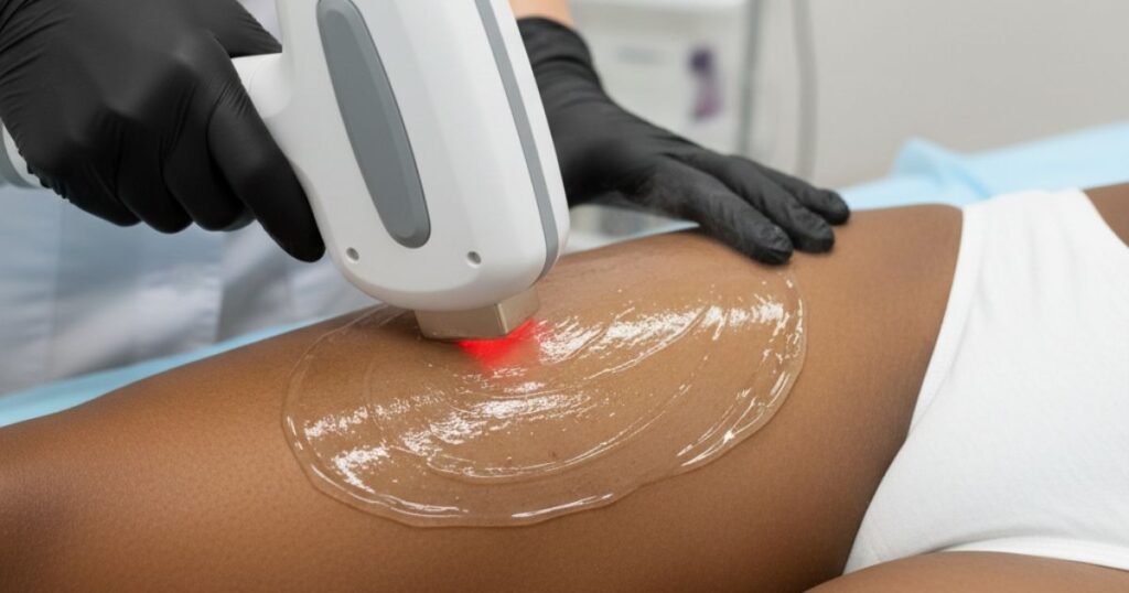 epilation laser definitive entre jambes zoom femme peau noire en institut